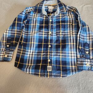 Carters Toddler Boy 2T Shirt Long Sleeve Button Up Collared Blue Plaid Pocket